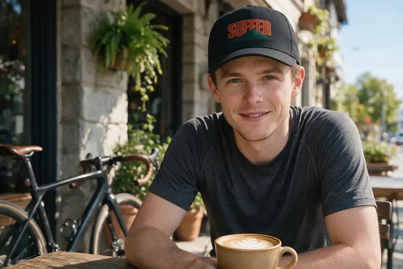 Cycling player wearing a black baseball cap from AthleticHeadwear