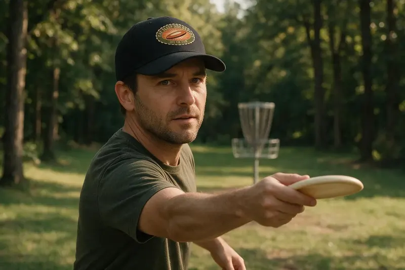 Disc Golf player wearing a black baseball cap from AthleticHeadwear