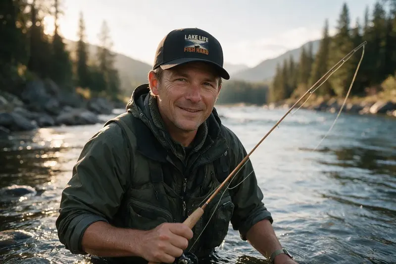 Fishing player wearing a black baseball cap from AthleticHeadwear