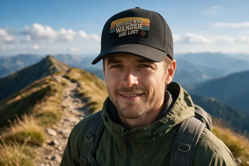 Hiking player wearing a black baseball cap from AthleticHeadwear