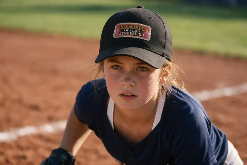 Softball player wearing a black baseball cap from AthleticHeadwear