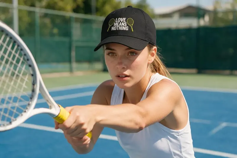 Tennis player wearing a black baseball cap from AthleticHeadwear