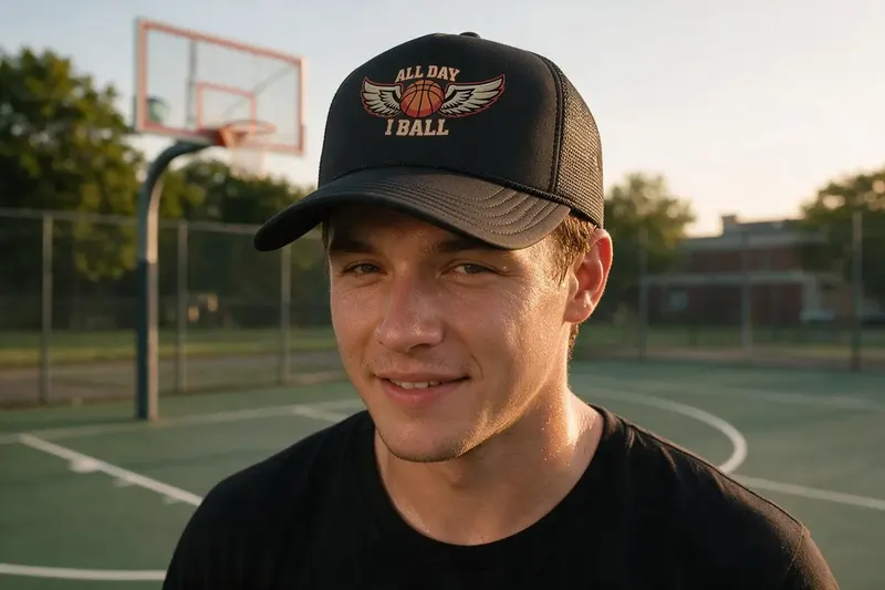 Basketball player wearing a black trucker hat from AthleticHeadwear