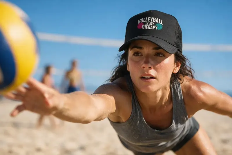 Beach Volleyball player wearing a black trucker hat from AthleticHeadwear