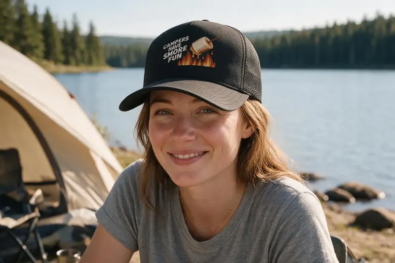 Camping player wearing a black trucker hat from AthleticHeadwear