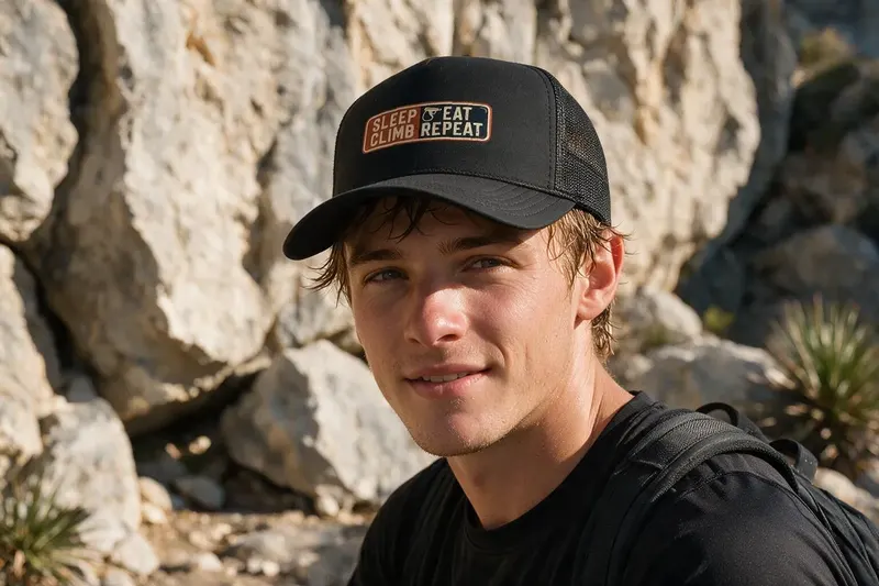 Climbing player wearing a black trucker hat from AthleticHeadwear