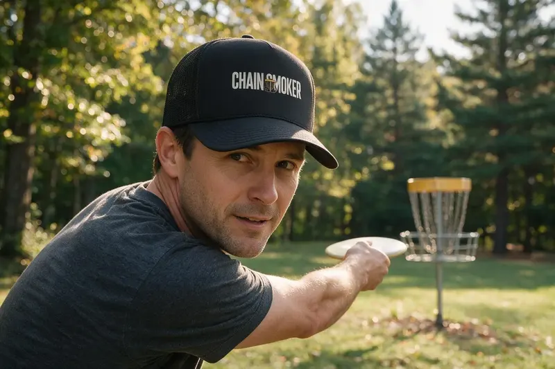 Disc Golf player wearing a black trucker hat from AthleticHeadwear
