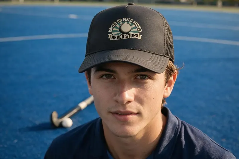 Field Hockey player wearing a black trucker hat from AthleticHeadwear