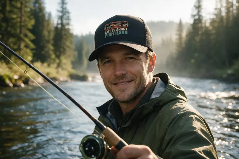 Athlete wearing a black trucker hat from AthleticHeadwear