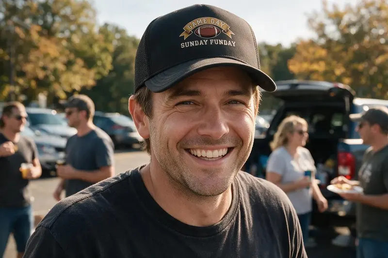 Football player wearing a black trucker hat from AthleticHeadwear