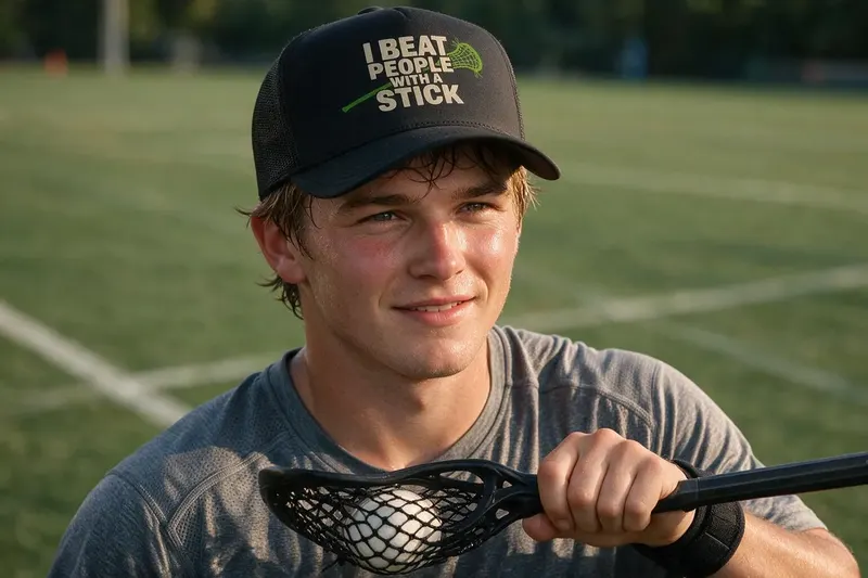 Lacrosse player wearing a black trucker hat from AthleticHeadwear