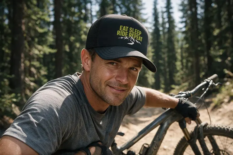 Mountain Biking player wearing a black trucker hat from AthleticHeadwear