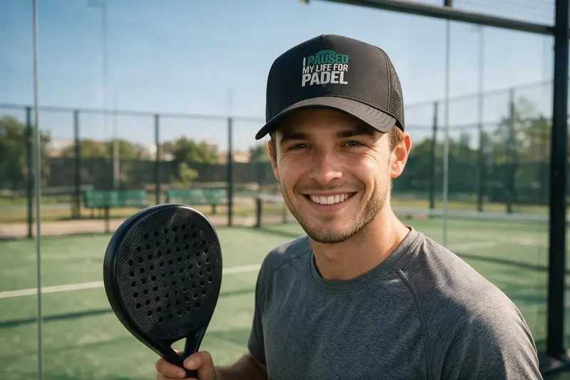 Padel Tennis player wearing a black trucker hat from AthleticHeadwear
