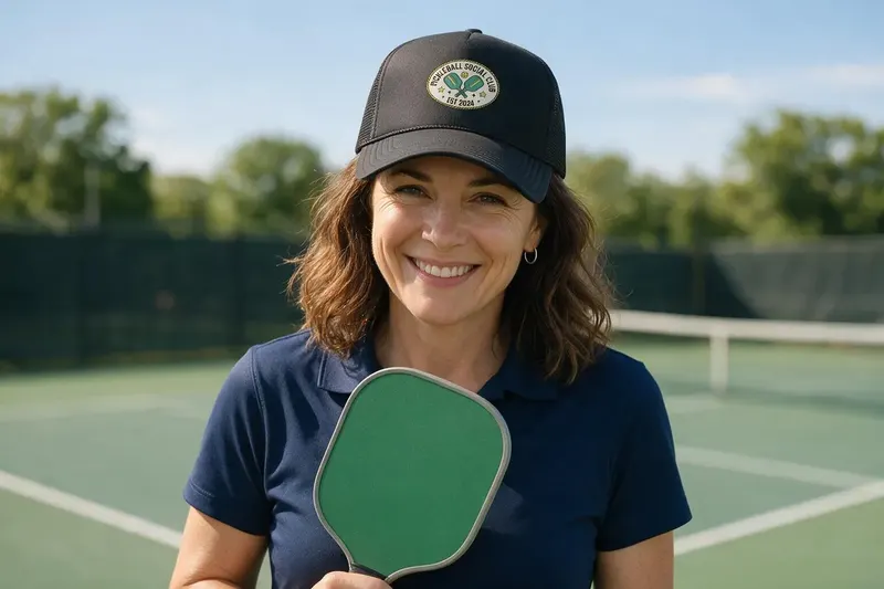 Pickleball player wearing a black trucker hat from AthleticHeadwear