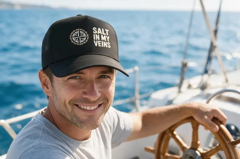 Sailing player wearing a black trucker hat from AthleticHeadwear