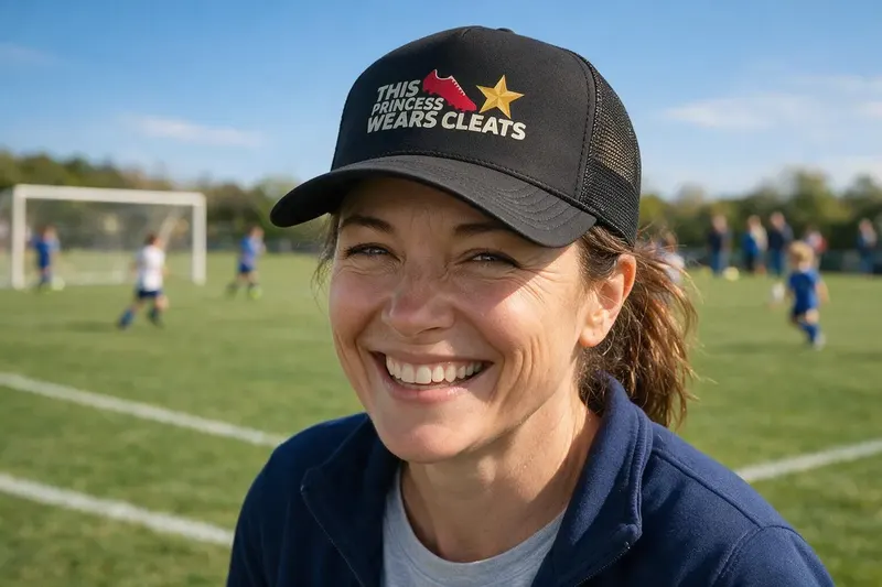 Soccer player wearing a black trucker hat from AthleticHeadwear