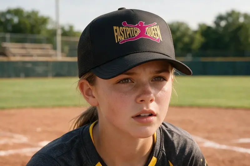 Softball player wearing a black trucker hat from AthleticHeadwear