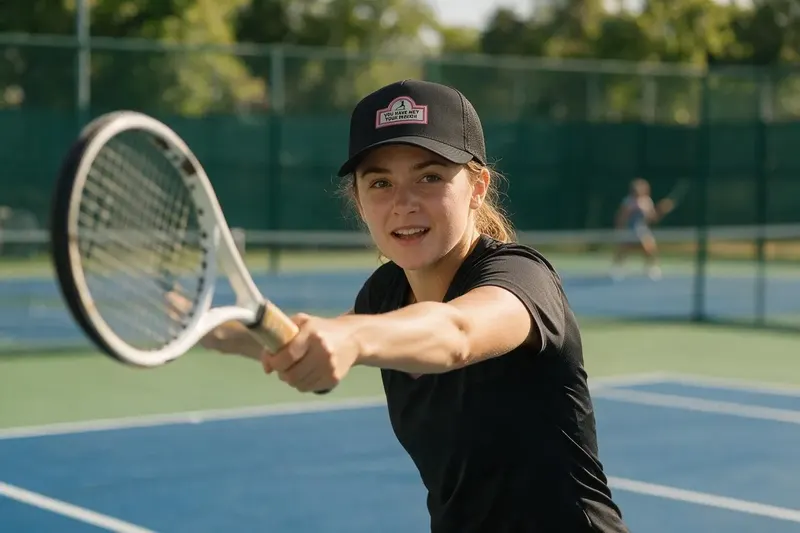 Tennis player wearing a black trucker hat from AthleticHeadwear