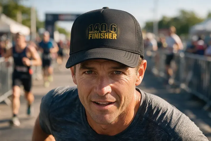 Triathlon player wearing a black trucker hat from AthleticHeadwear