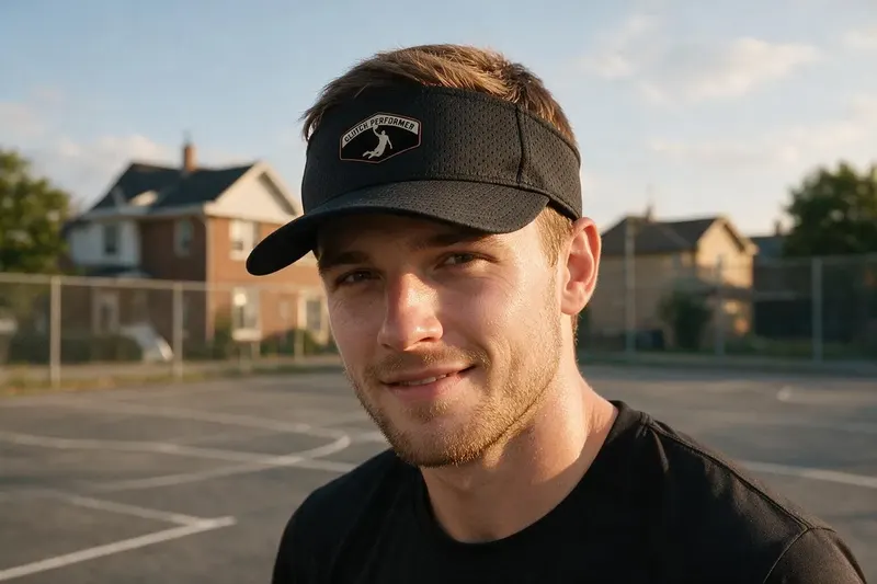 Basketball player wearing a black sun visor from AthleticHeadwear