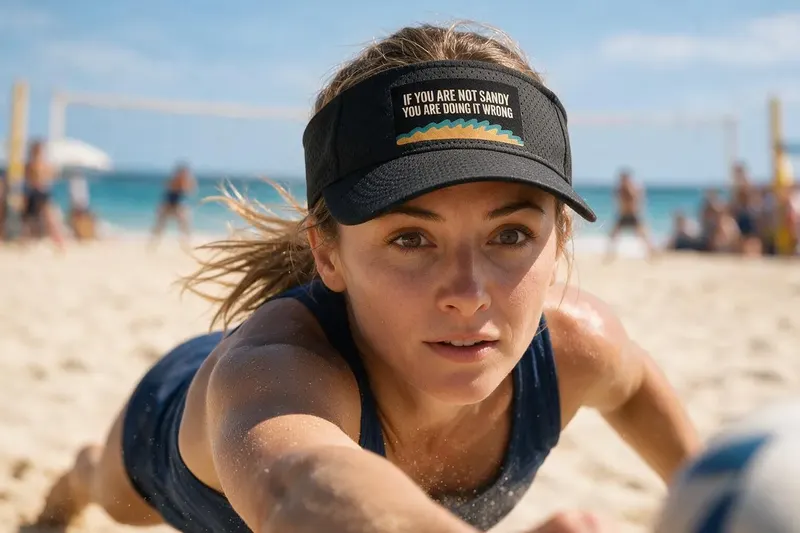 Beach Volleyball player wearing a black sun visor from AthleticHeadwear
