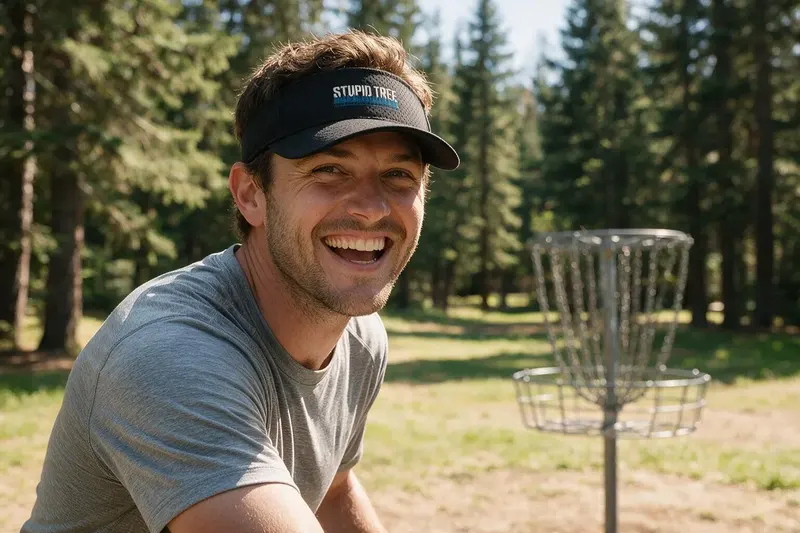 Disc Golf player wearing a black sun visor from AthleticHeadwear