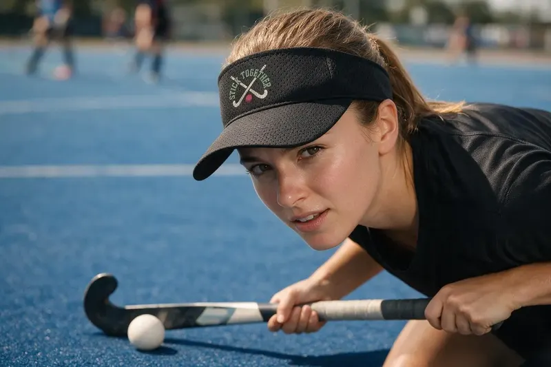 Field Hockey player wearing a black sun visor from AthleticHeadwear