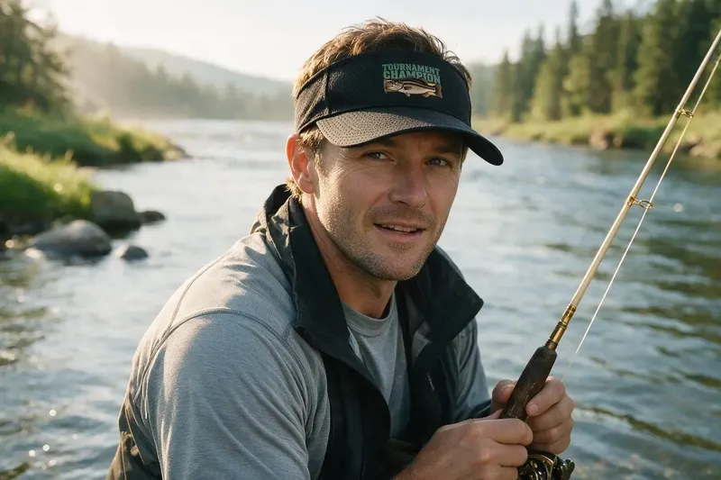 Fishing player wearing a black sun visor from AthleticHeadwear