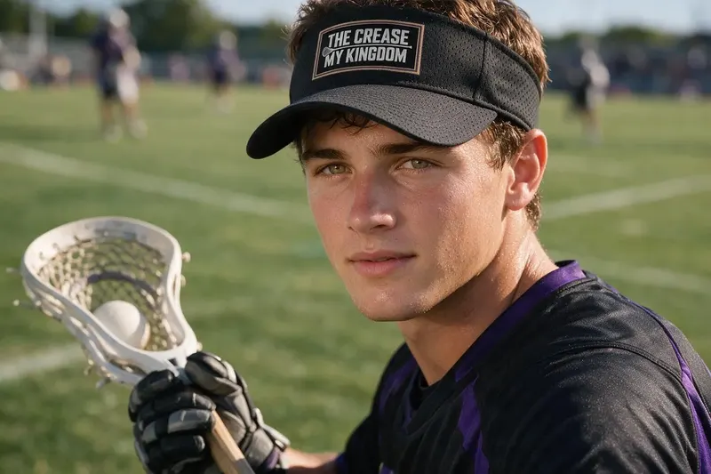 Lacrosse player wearing a black sun visor from AthleticHeadwear