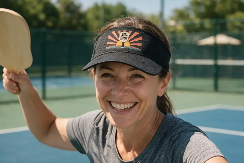Pickleball player wearing a black sun visor from AthleticHeadwear