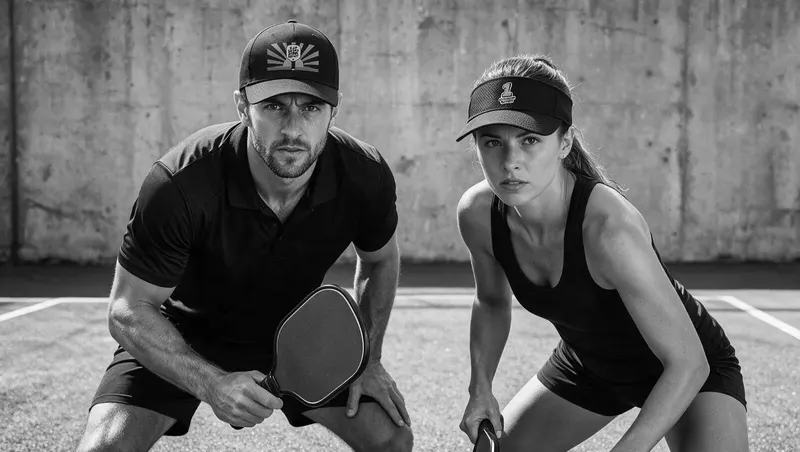 Two athletes wearing a baseball cap and a sun visor